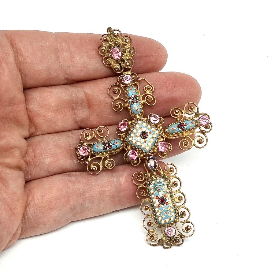 Large Cross Pendant 19th Century In Bressans Enamels And Crystals On Colored Straws-photo-3