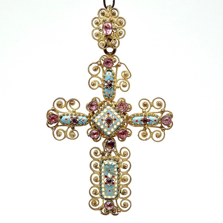 Large Cross Pendant 19th Century In Bressans Enamels And Crystals On Colored Straws-photo-4