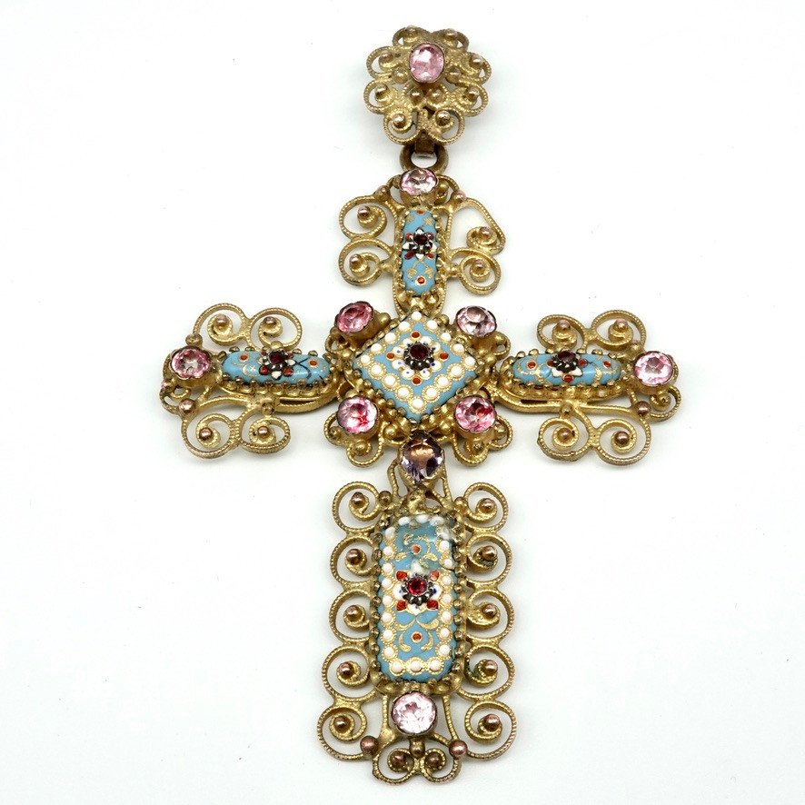 Large Cross Pendant 19th Century In Bressans Enamels And Crystals On Colored Straws-photo-2