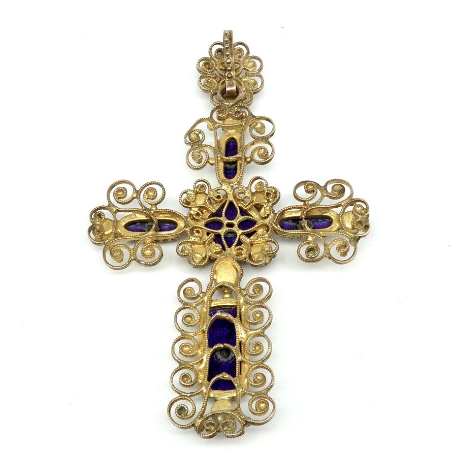 Large Cross Pendant 19th Century In Bressans Enamels And Crystals On Colored Straws-photo-3