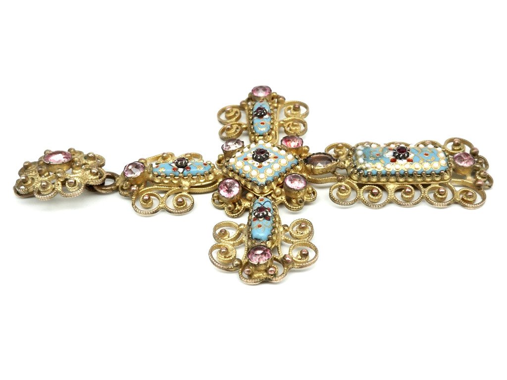 Large Cross Pendant 19th Century In Bressans Enamels And Crystals On Colored Straws-photo-4