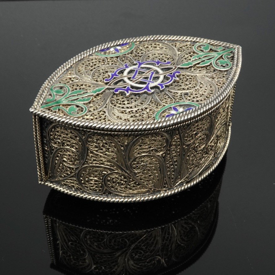 Box In Filigree Vermeil, Blue Green And White Enamel Interlacing Pattern, 19th Century-photo-1