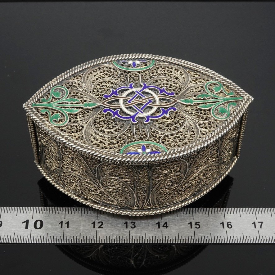 Box In Filigree Vermeil, Blue Green And White Enamel Interlacing Pattern, 19th Century-photo-7