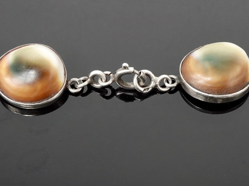 Beautiful Long Vintage Operculum Necklace On Silver, Origin France-photo-4