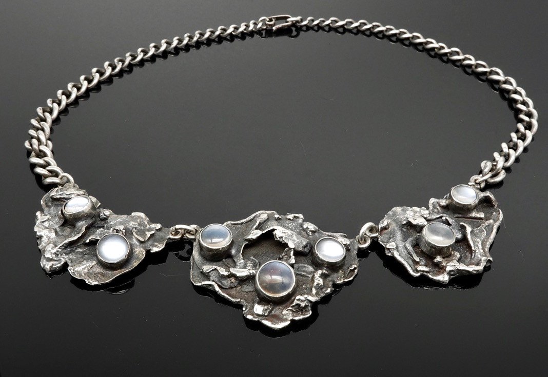 Brutalist Necklace Mid-20th Century Silver And Moonstone-photo-2