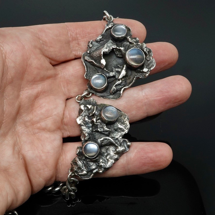 Brutalist Necklace Mid-20th Century Silver And Moonstone-photo-1