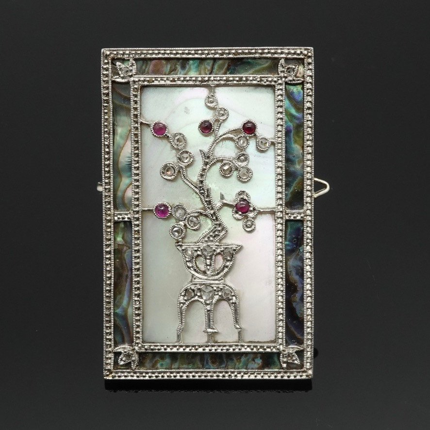 Superb Art Deco Period Brooch In Pink Mother-of-pearl Platinum With Diamond & Ruby-photo-2