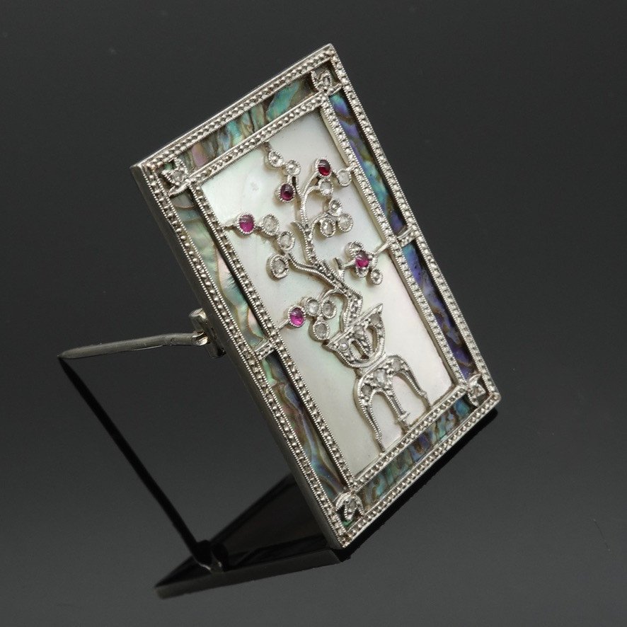 Superb Art Deco Period Brooch In Pink Mother-of-pearl Platinum With Diamond & Ruby-photo-3