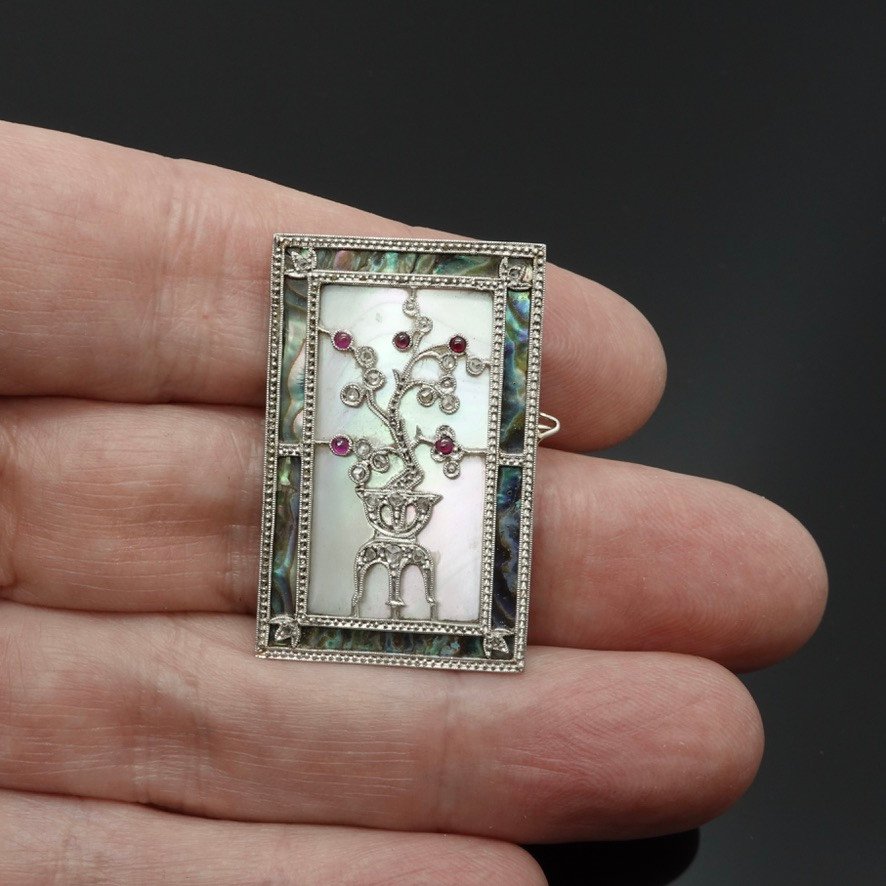 Superb Art Deco Period Brooch In Pink Mother-of-pearl Platinum With Diamond & Ruby-photo-4