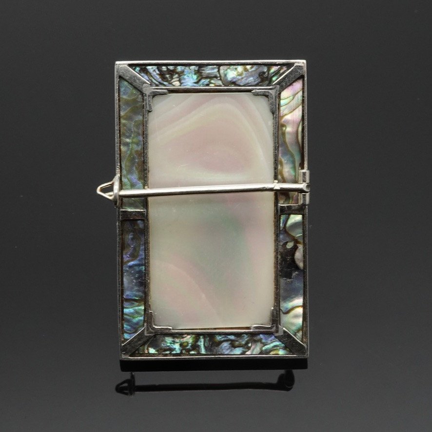 Superb Art Deco Period Brooch In Pink Mother-of-pearl Platinum With Diamond & Ruby-photo-1