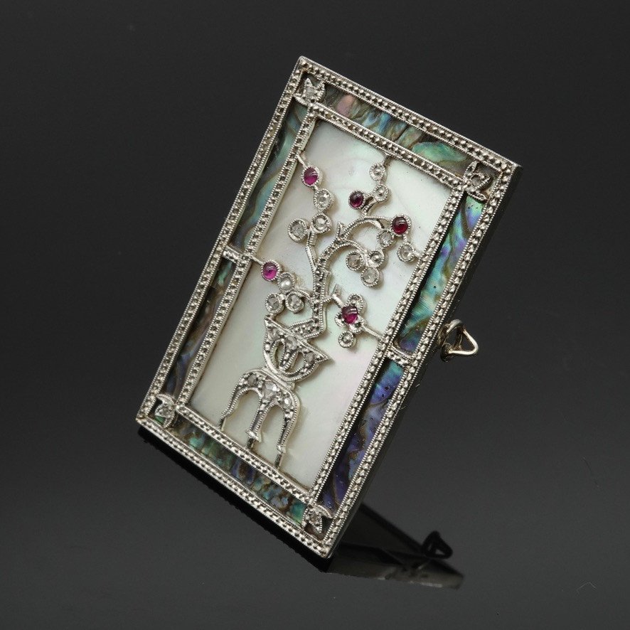 Superb Art Deco Period Brooch In Pink Mother-of-pearl Platinum With Diamond & Ruby