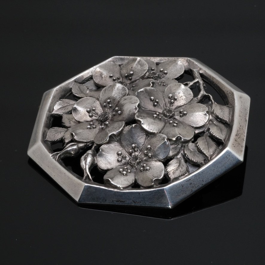 Art Deco Cherry Blossom Brooch In Silver Attributed To René Sitoleux-photo-4