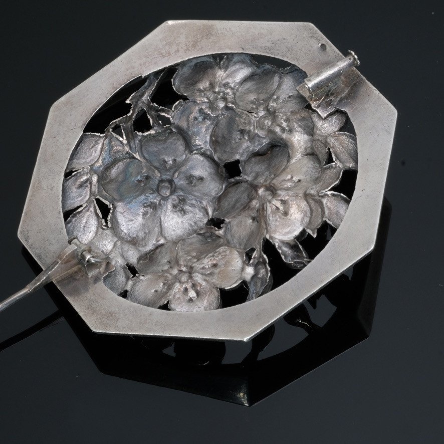 Art Deco Cherry Blossom Brooch In Silver Attributed To René Sitoleux-photo-4