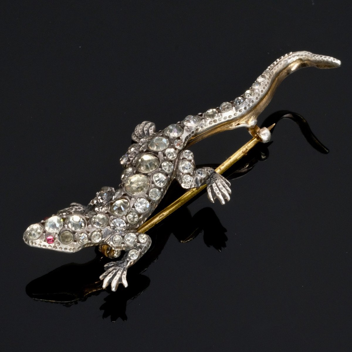 Victorian Lizard Brooch Late 19th 900 Silver And Rhinestones-photo-2