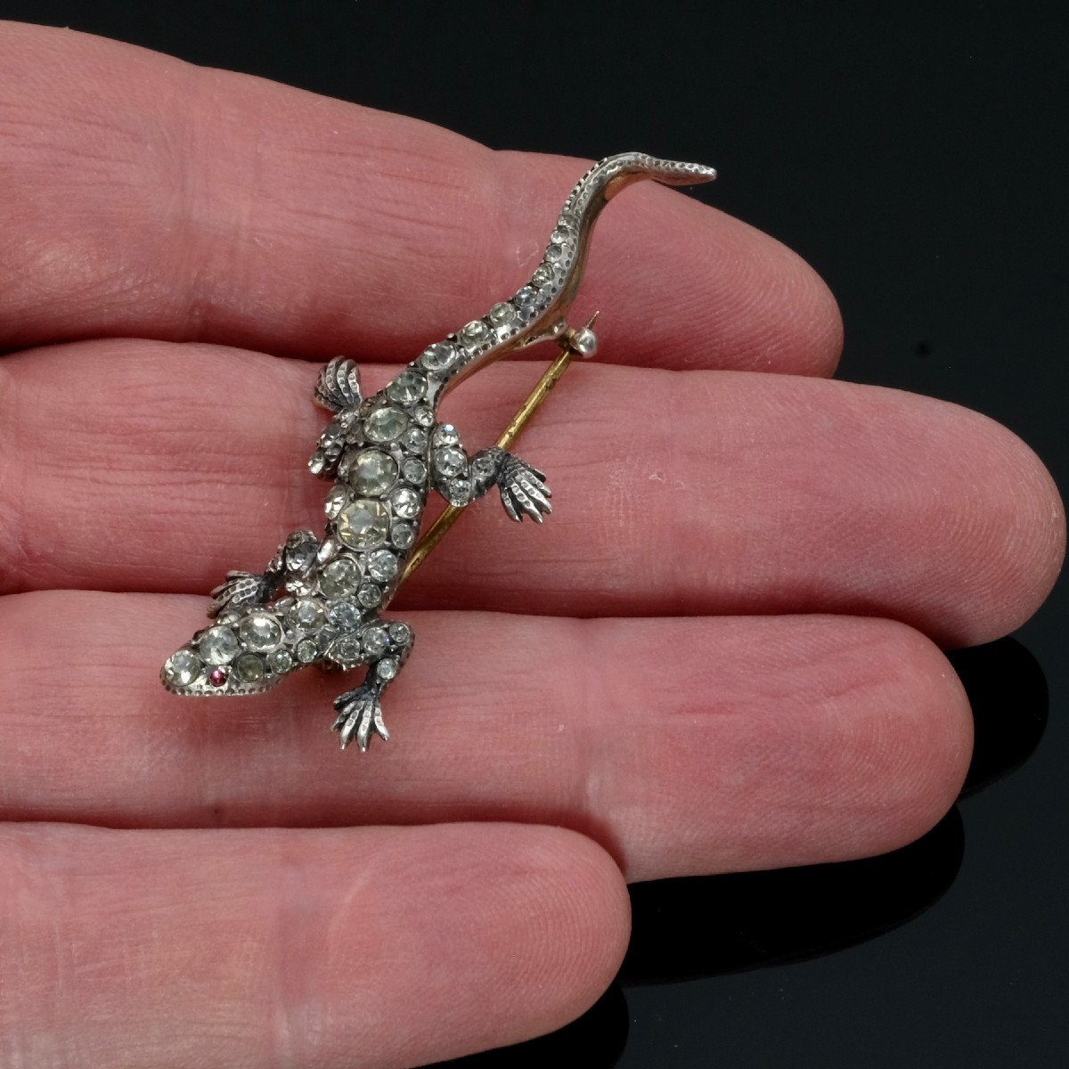 Victorian Lizard Brooch Late 19th 900 Silver And Rhinestones-photo-2