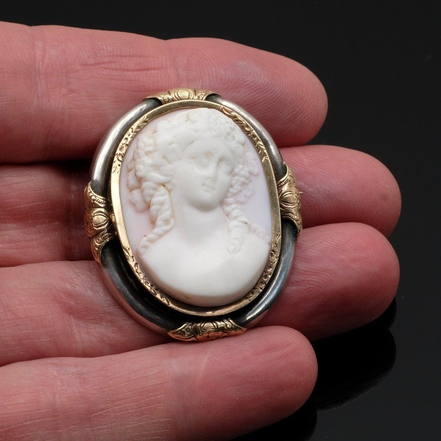 Woman In Ecstasy Cameo Brooch, Silver And Gold Napoleon III-photo-2