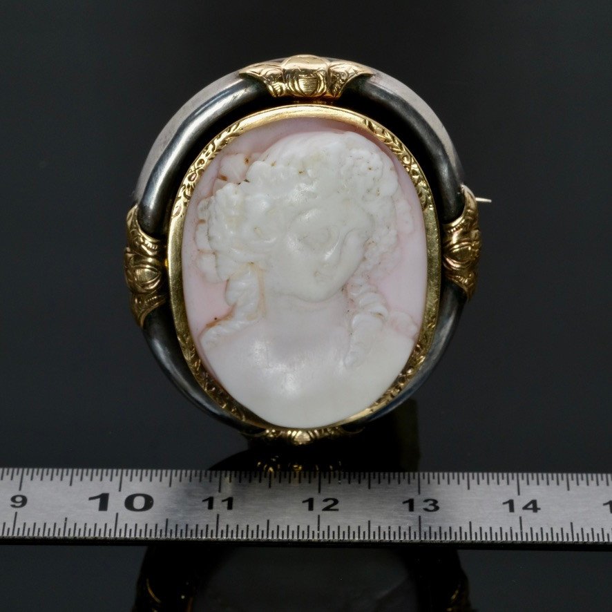 Woman In Ecstasy Cameo Brooch, Silver And Gold Napoleon III-photo-3