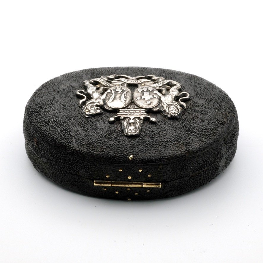 Black Chagrin Box, Silver Coat Of Arms, Late 18th Century-photo-1