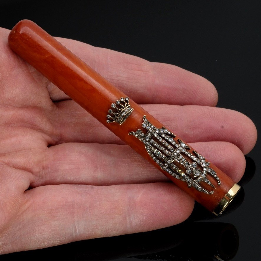 Amber Gold And Diamond Cigar Holder, 19th Century-photo-2