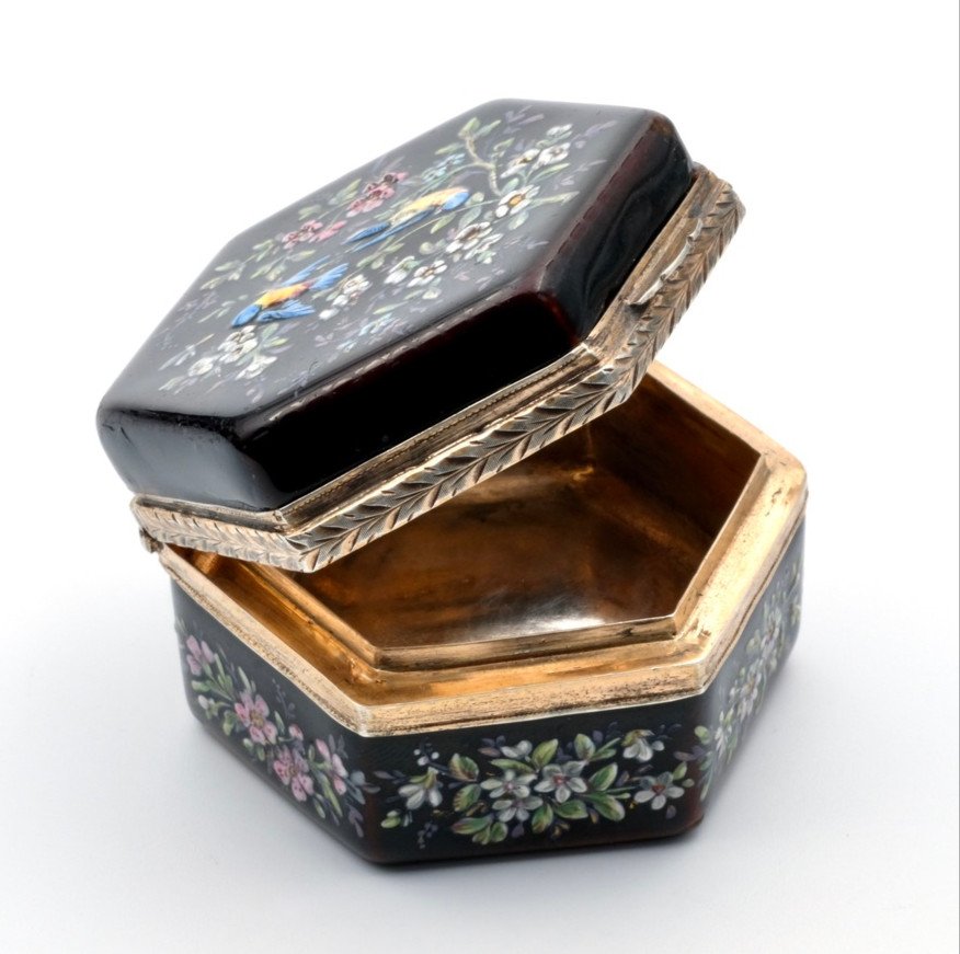 Napoleon III Pill Box Enameled With Birds And Flowers, Vermeil