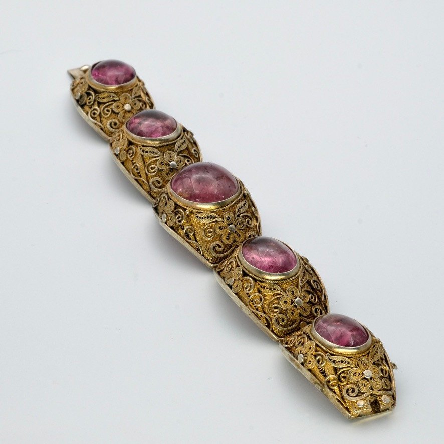 Large Antique Vermeil Bracelet And Tourmaline Cabochons, 1930-photo-2