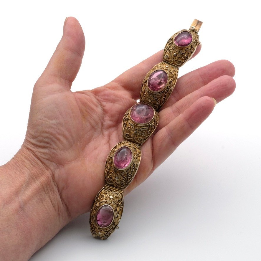 Large Antique Vermeil Bracelet And Tourmaline Cabochons, 1930-photo-3