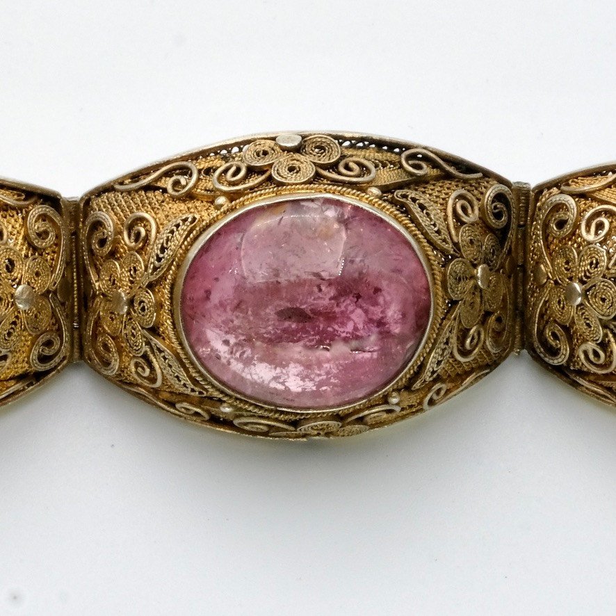 Large Antique Vermeil Bracelet And Tourmaline Cabochons, 1930-photo-4