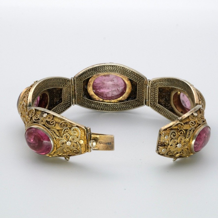 Large Antique Vermeil Bracelet And Tourmaline Cabochons, 1930-photo-1