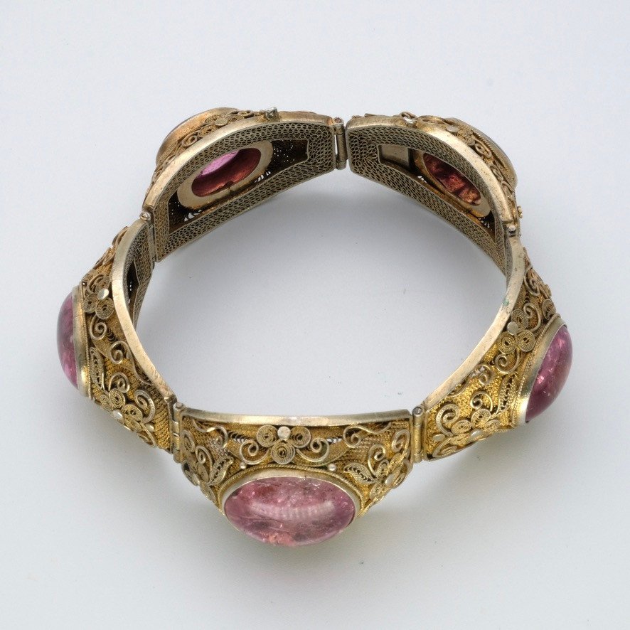 Large Antique Vermeil Bracelet And Tourmaline Cabochons, 1930-photo-2