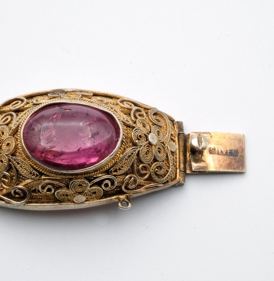 Large Antique Vermeil Bracelet And Tourmaline Cabochons, 1930-photo-4