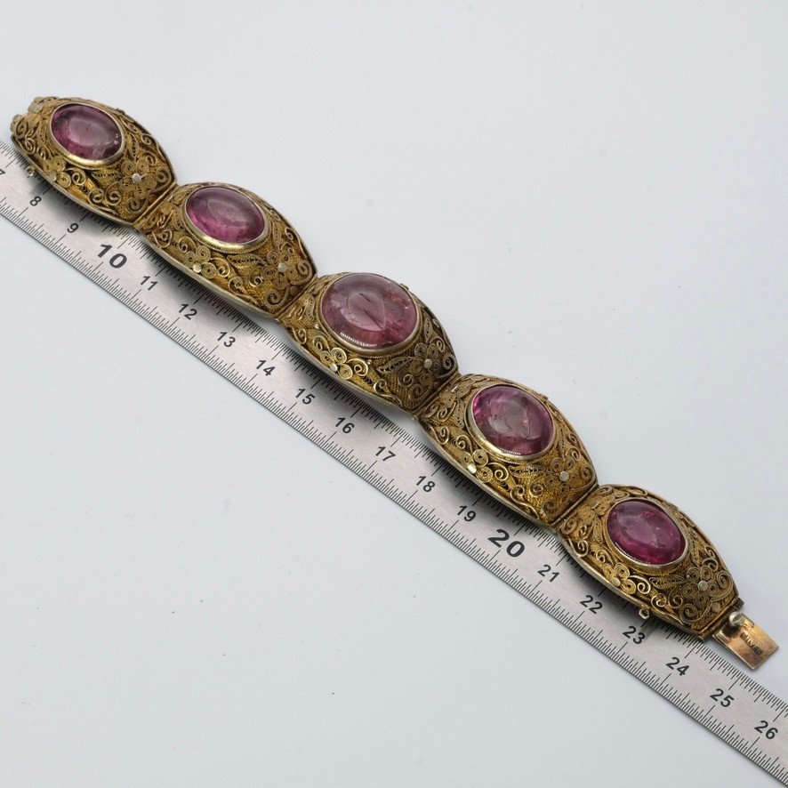 Large Antique Vermeil Bracelet And Tourmaline Cabochons, 1930-photo-5