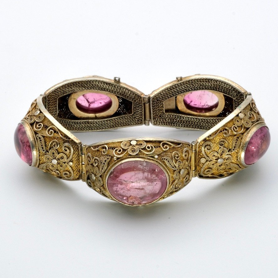 Large Antique Vermeil Bracelet And Tourmaline Cabochons, 1930