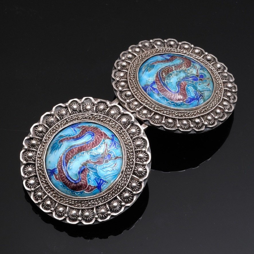 1920 Dragons Belt Buckle And Brooch Set Silver And Enamel-photo-1