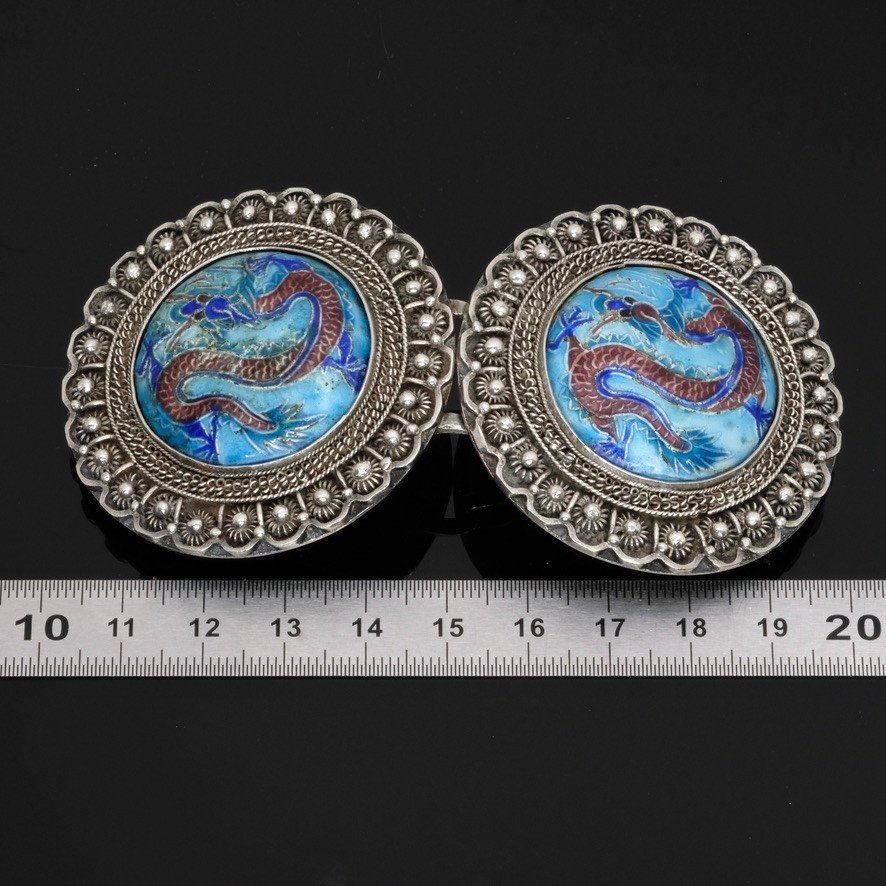 1920 Dragons Belt Buckle And Brooch Set Silver And Enamel-photo-6