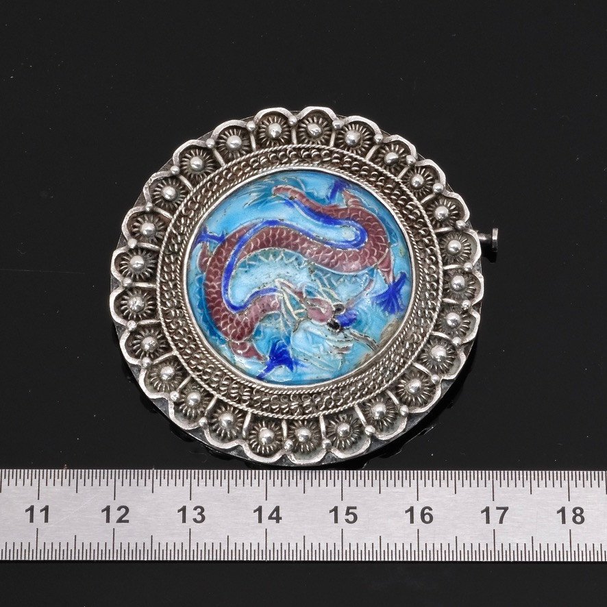 1920 Dragons Belt Buckle And Brooch Set Silver And Enamel-photo-7