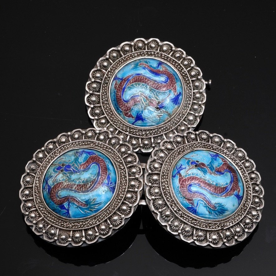 1920 Dragons Belt Buckle And Brooch Set Silver And Enamel