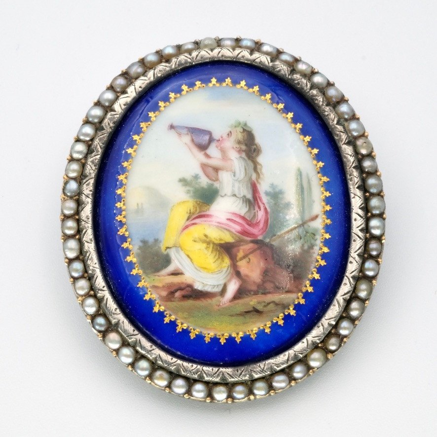 Broche 19ème Siècle émail Miniature Argent Et Perles En écrin, 1840-photo-2