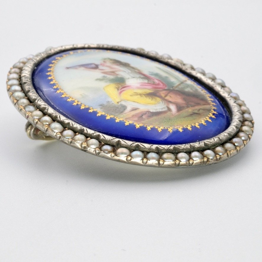 Broche 19ème Siècle émail Miniature Argent Et Perles En écrin, 1840-photo-4