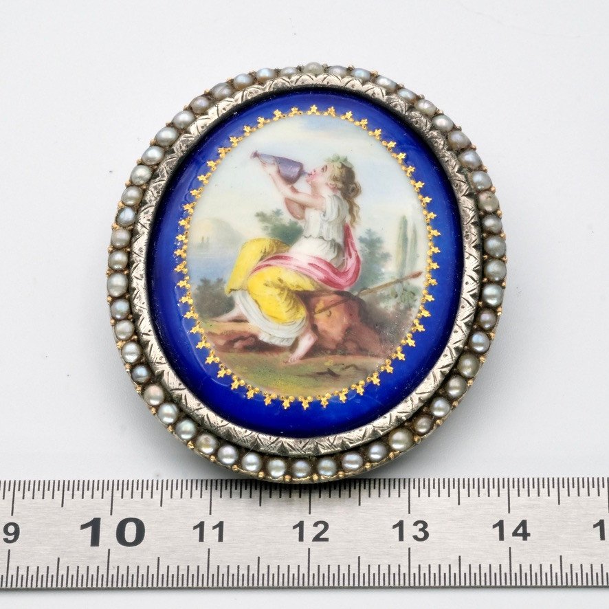 Broche 19ème Siècle émail Miniature Argent Et Perles En écrin, 1840-photo-4