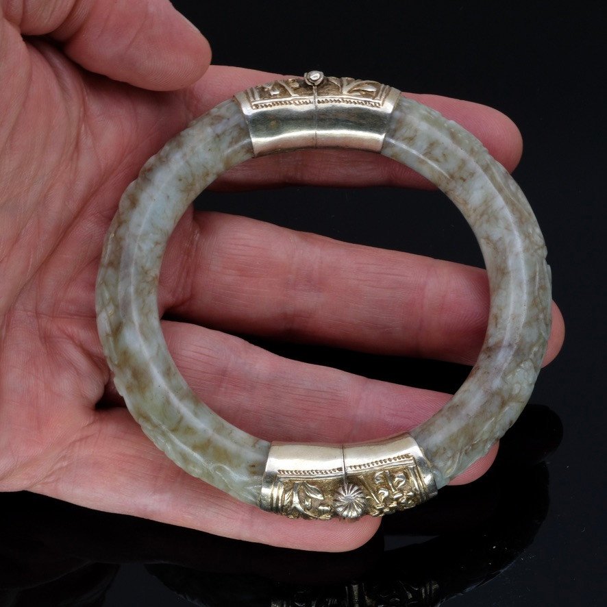 Grand Bracelet Ancien Jade Brun Sculpté Monture Vermeil-photo-2