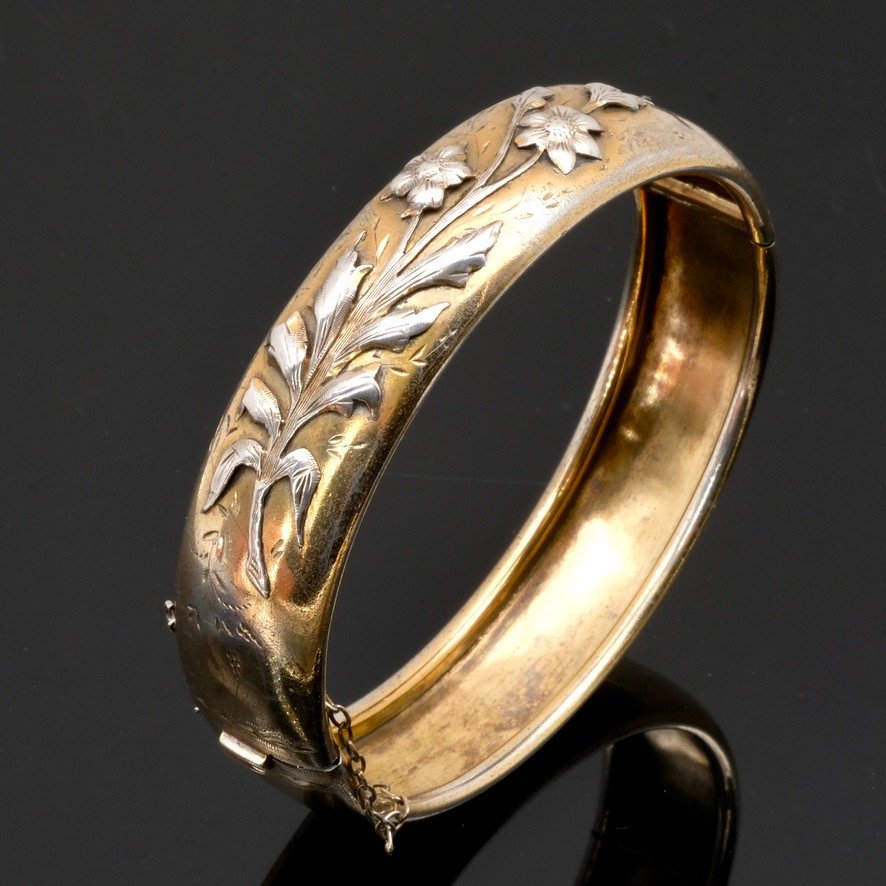 Bracelet Ancien Vermeil, Décor Branche De Fleur Argent France Fin 19ème