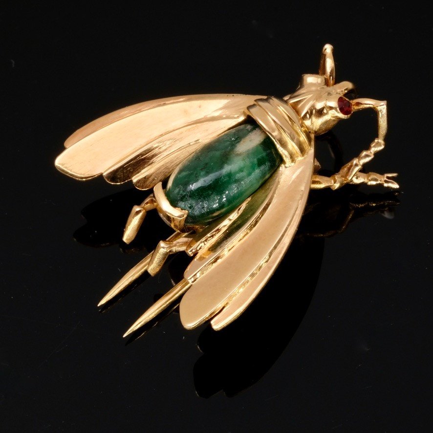 Antique Gold And Emerald Bee Clip Brooch-photo-3