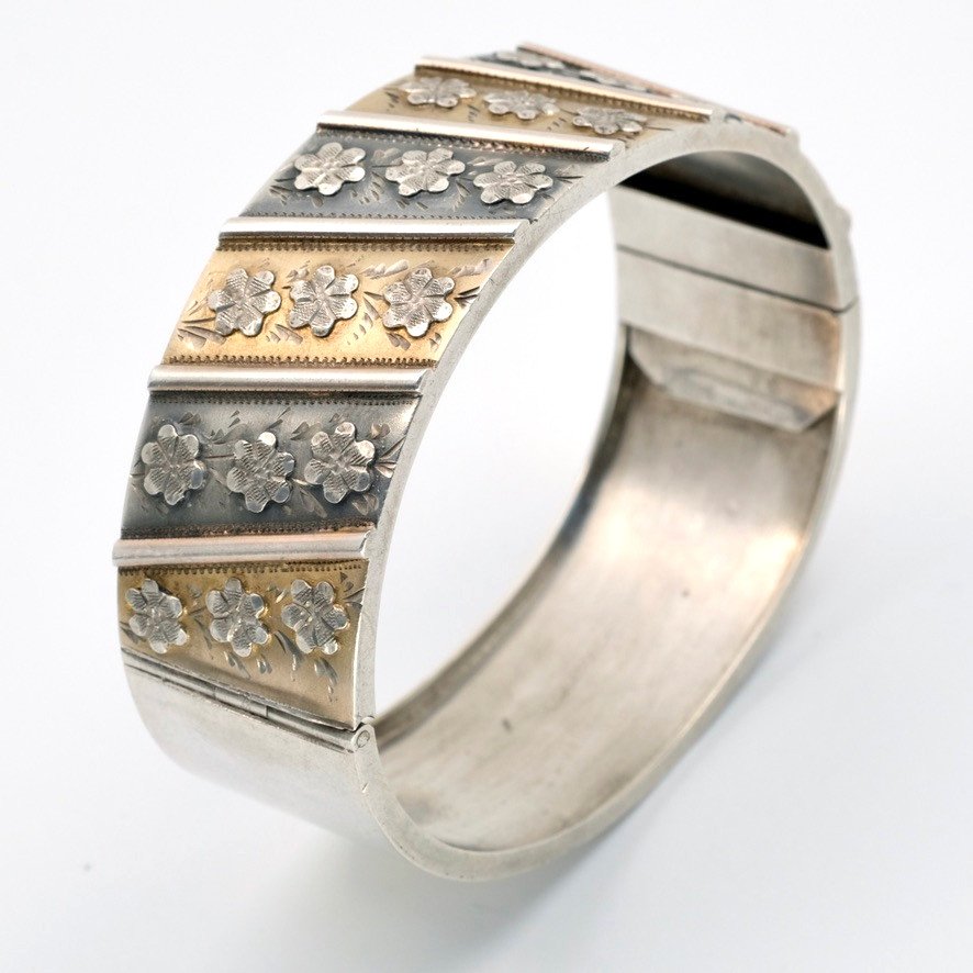 Bracelet  Jonc Ouvrant Argent Et Vermeil Fleurs époque 1900-photo-2