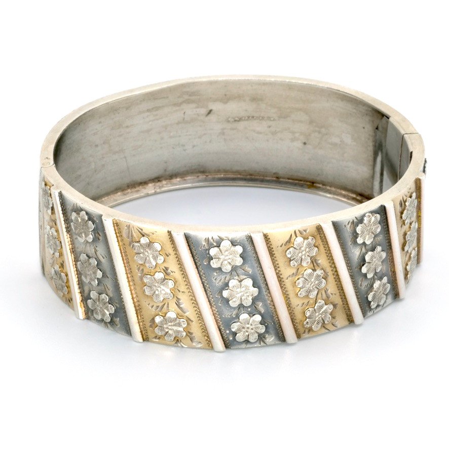 Bracelet  Jonc Ouvrant Argent Et Vermeil Fleurs époque 1900-photo-3