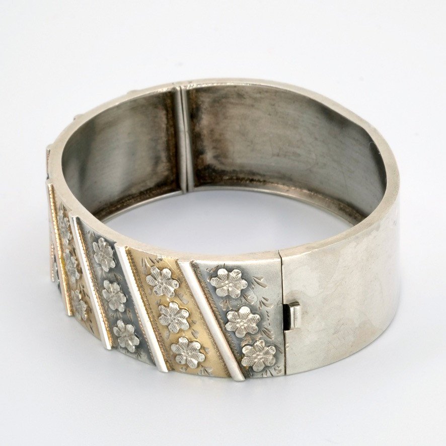 Bracelet  Jonc Ouvrant Argent Et Vermeil Fleurs époque 1900-photo-4