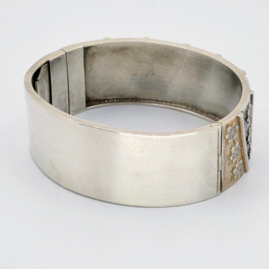 Bracelet  Jonc Ouvrant Argent Et Vermeil Fleurs époque 1900-photo-1