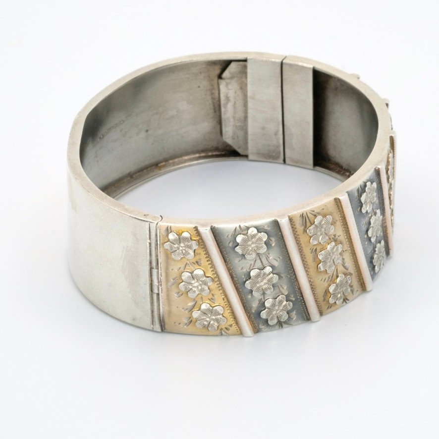 Bracelet  Jonc Ouvrant Argent Et Vermeil Fleurs époque 1900-photo-2