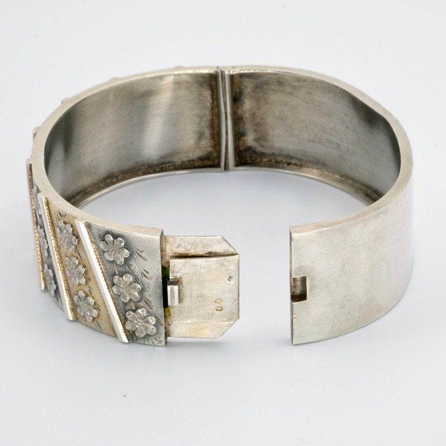 Bracelet  Jonc Ouvrant Argent Et Vermeil Fleurs époque 1900-photo-3