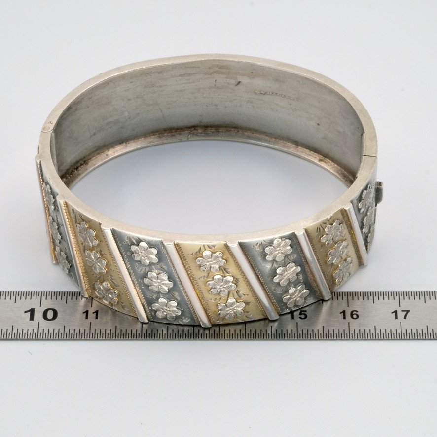 Bracelet  Jonc Ouvrant Argent Et Vermeil Fleurs époque 1900-photo-6