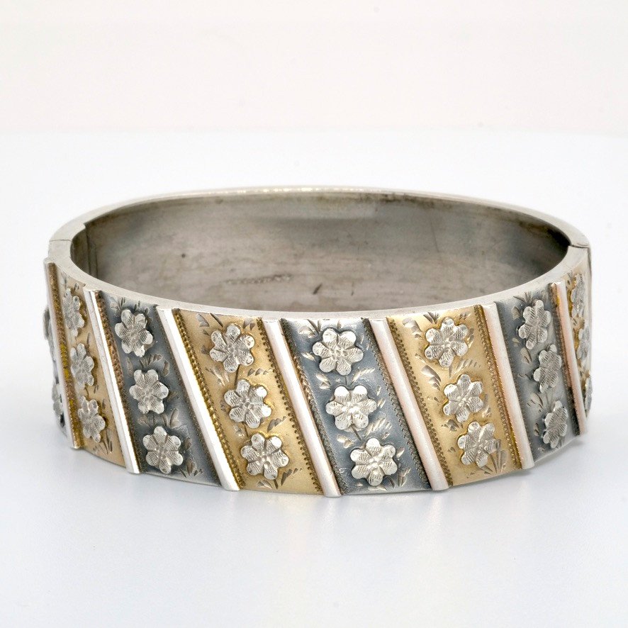 Bracelet  Jonc Ouvrant Argent Et Vermeil Fleurs époque 1900